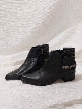 Fringe Accent Black Leather Ankle Booties Size 8.5